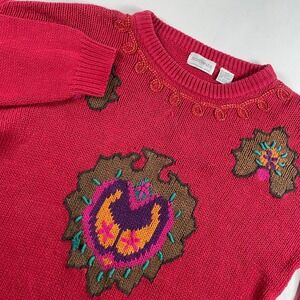 VTG Sostanza Contemporary Women‎ 80s Red Knit Sweater L Floral Crewneck Flaw